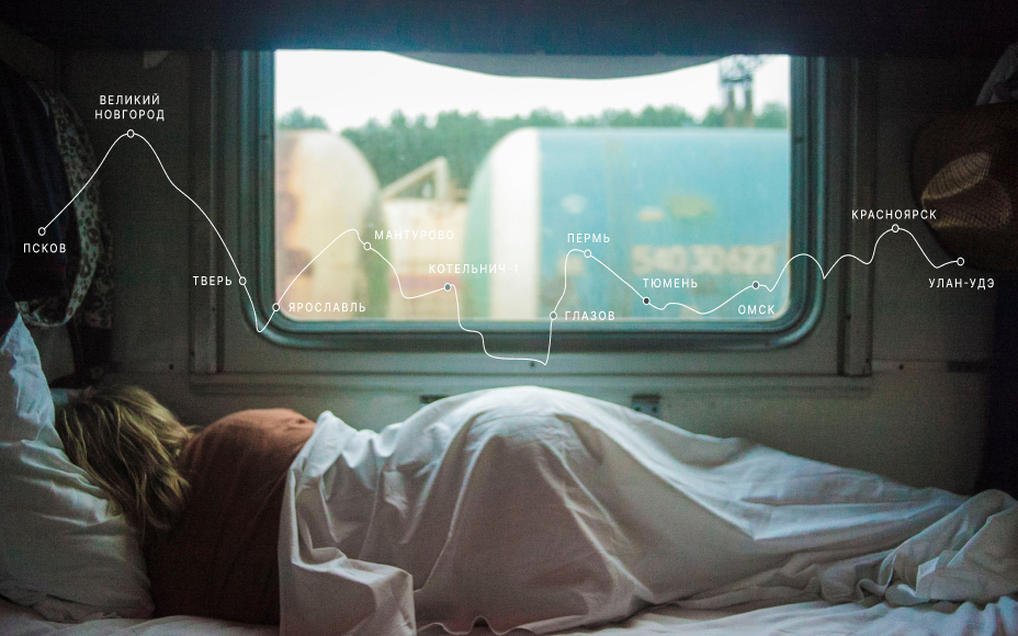 Женщина, спящая в поезде на полке перед окном